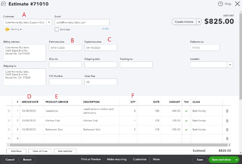 Estimate details in QuickBooks Online