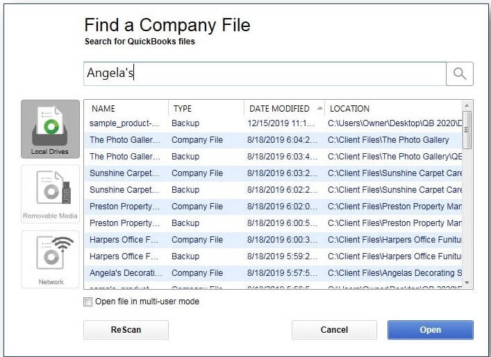 Find Company file in QuickBooks