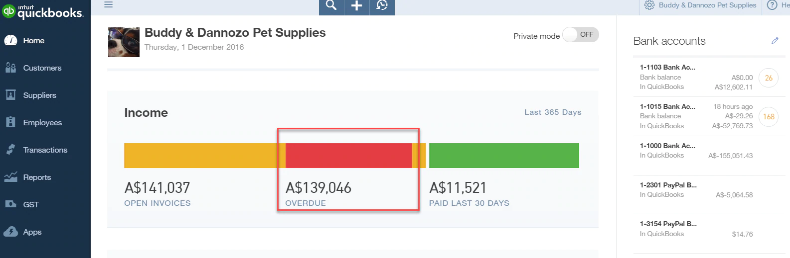 QuickBooks Overdue invoice amount