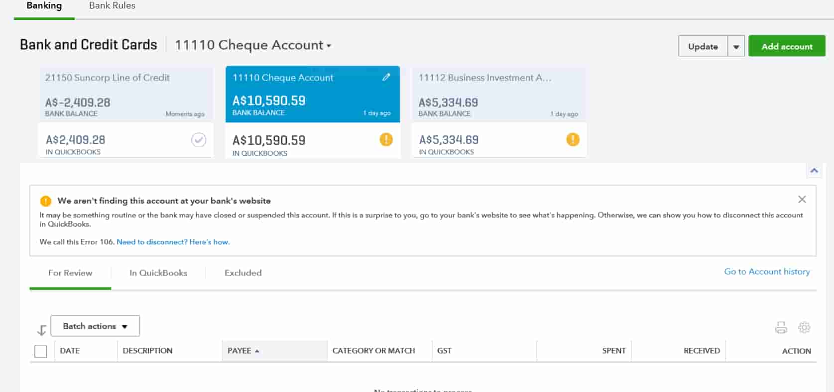 QuickBooks Online Banking Error
