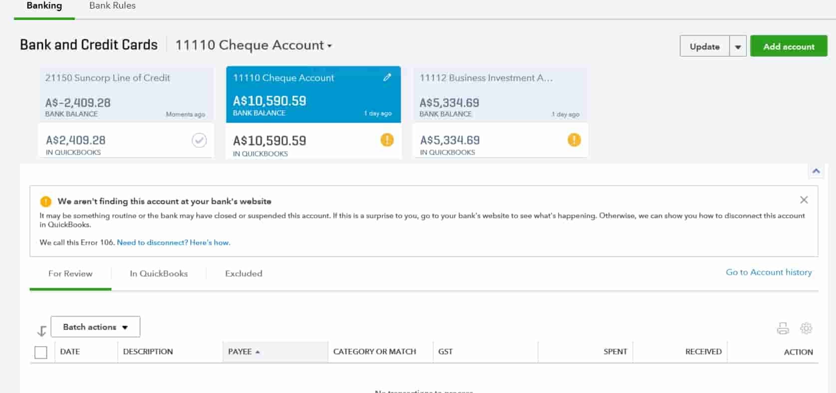 QuickBooks Online Banking Error