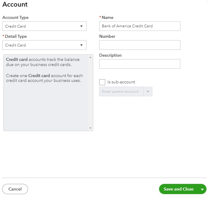 Adding new credit card in chart of accounts