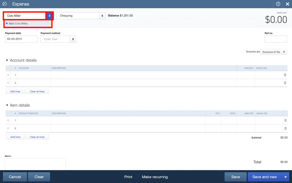 entering expenses in QuickBooks