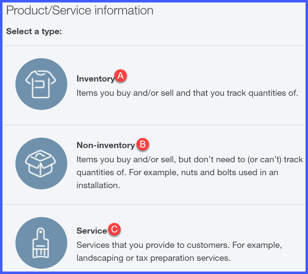 Choose Item Type; set up product and services