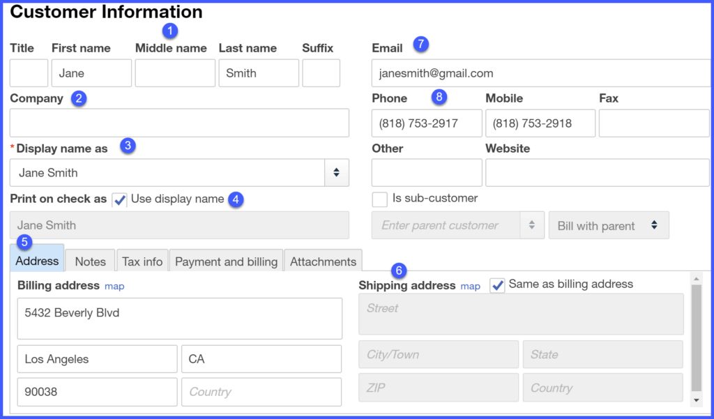 New Customer Information Screen in QuickBooks Online