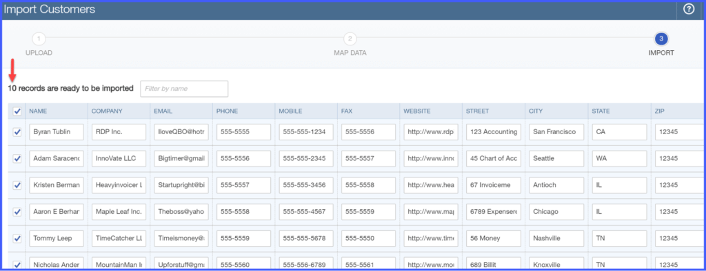 Final review of customer data before importing into QuickBooks