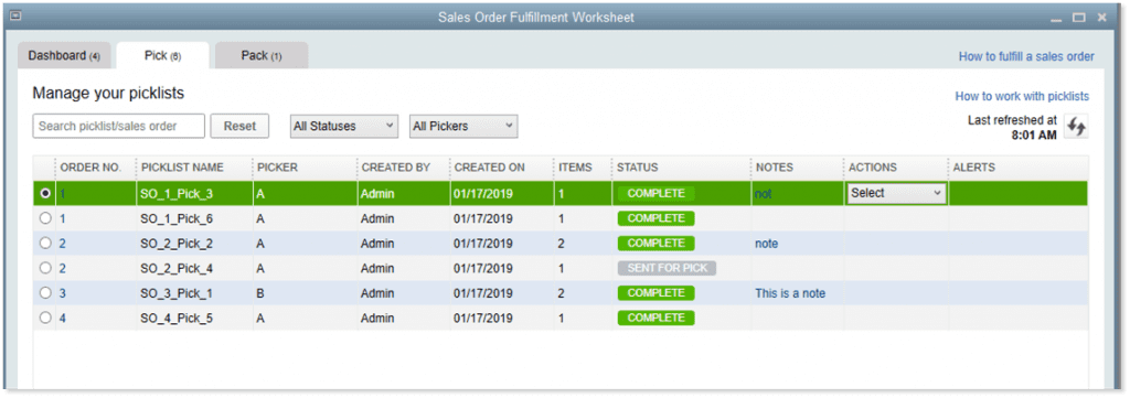 Sales Order Fulfillment Worksheet Pick Tab