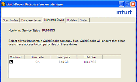 monitor drive feature; Quickbooks database server manager