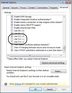 Uncheck the Use TLS 1.1 and Use TLS 1.2