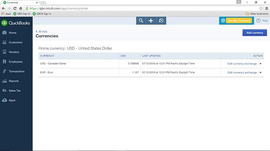 quickbooks online currencies