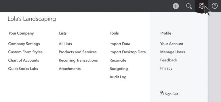 learn use of gear menu for navigattion of quickbooks