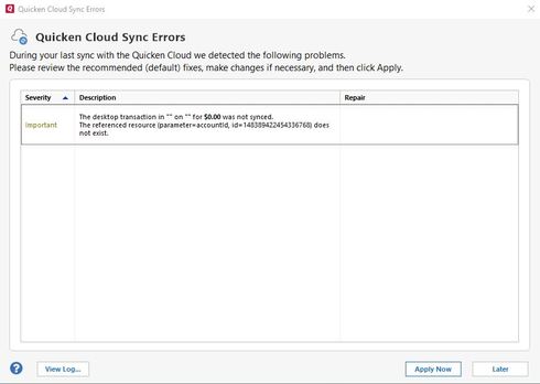 Quicken Cloud Syncs Errors