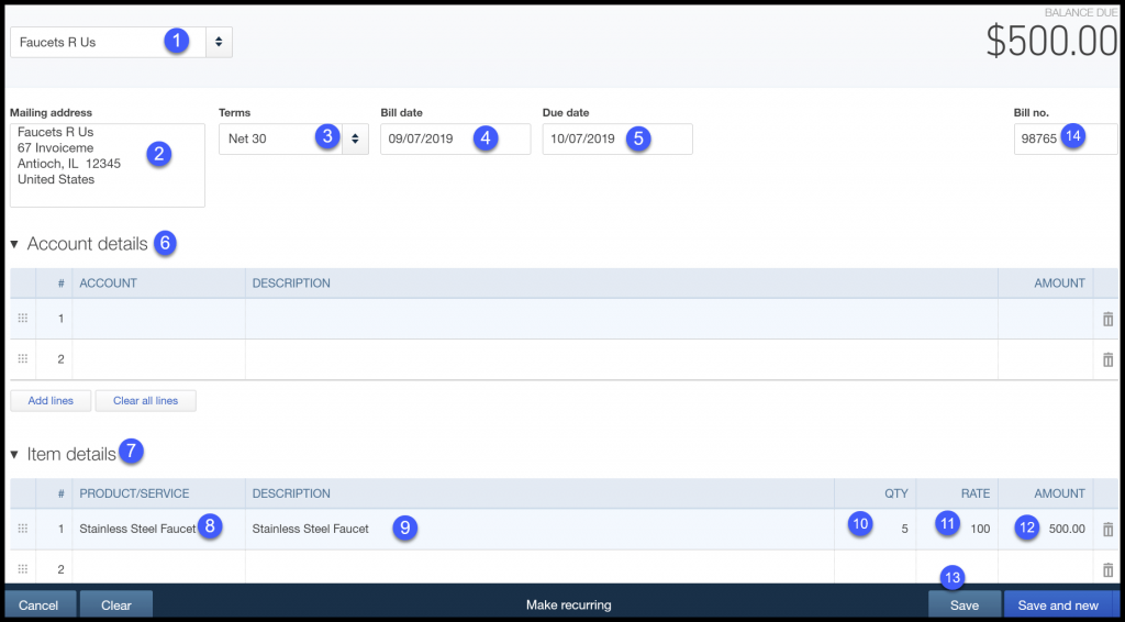 Enter a Bill in QuickBooks Online window