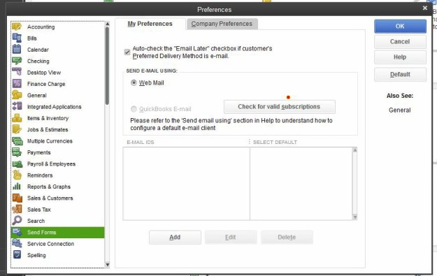 Outlook is missing in QuickBooks Desktop Send Forms Preferences