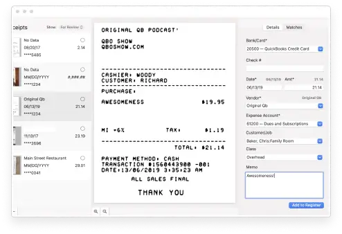 Receipt management in QuickBooks Desktop Mac Plus
