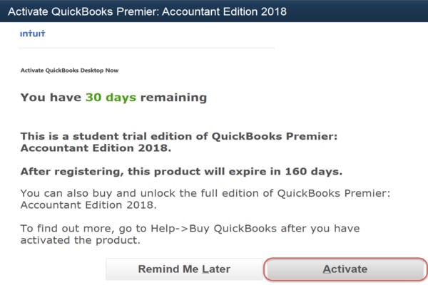 Activate trial version of QuickBooks