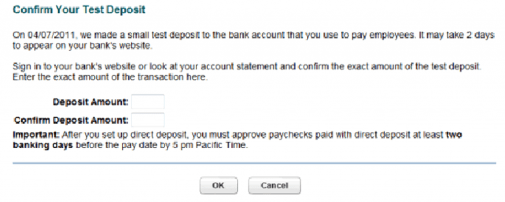 Confirm test deposit