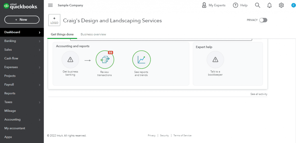 QuickBooks Online Test Drive Dashboard