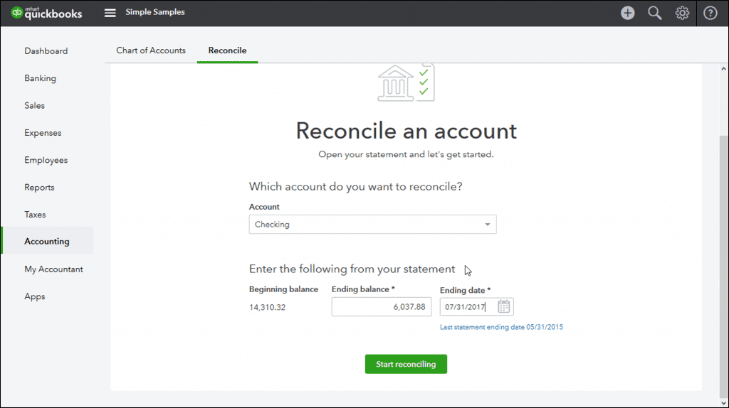 Reconcile Bank account in QuickBooks Online