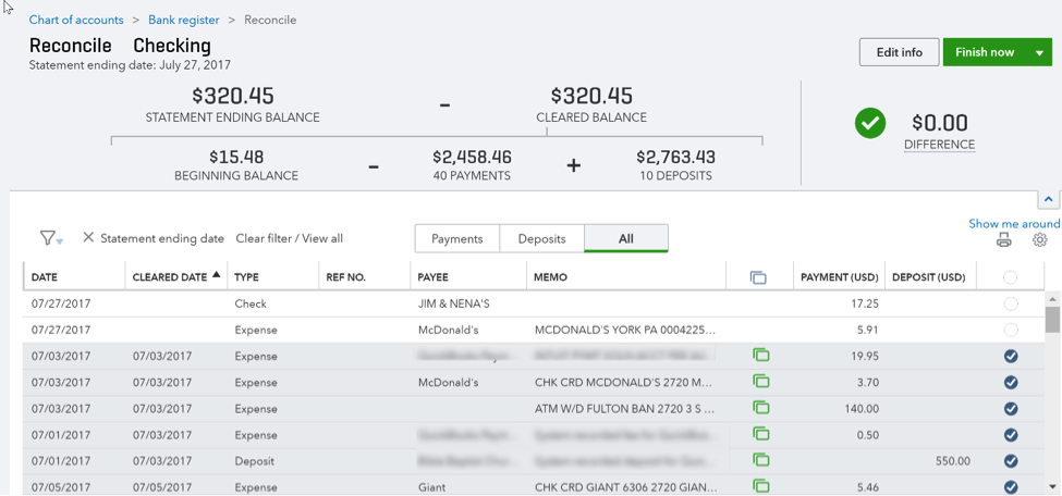 Reconcile Checking Window in QuickBooks