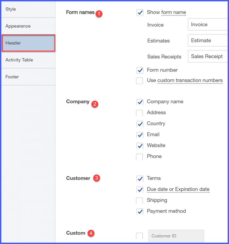 Quickbooks online header tab