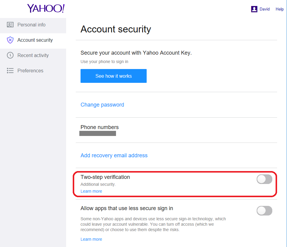 yahoo 2 step verification