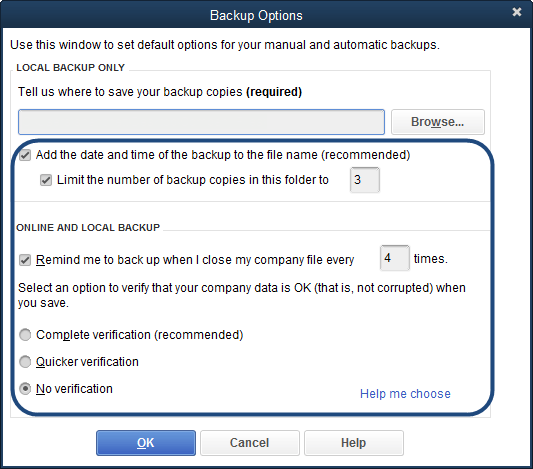 Backup options screenshot (Back up your QuickBooks Desktop company file)
