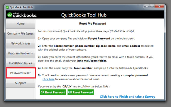 QuickBooks Tool Hub- Password Reset tab