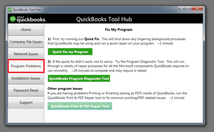 QuickBooks Tool Hub - Program problems tab