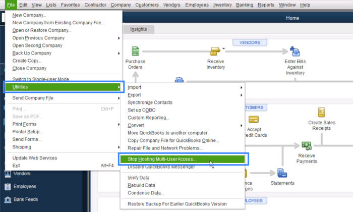 How to Fix QuickBooks Error H505 (Multi-User Mode Error) 2 Stop hosting multi user access in QuickBooks