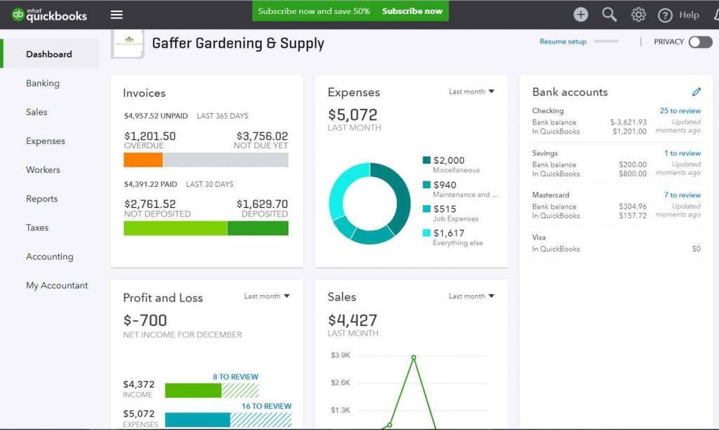 QuickBooks Online dashboard