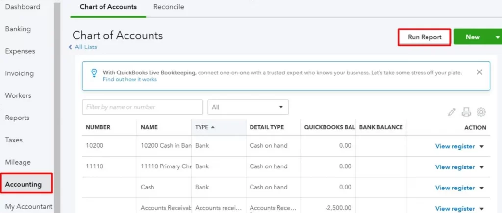 Export Chart of accounts in QuickBooks Online