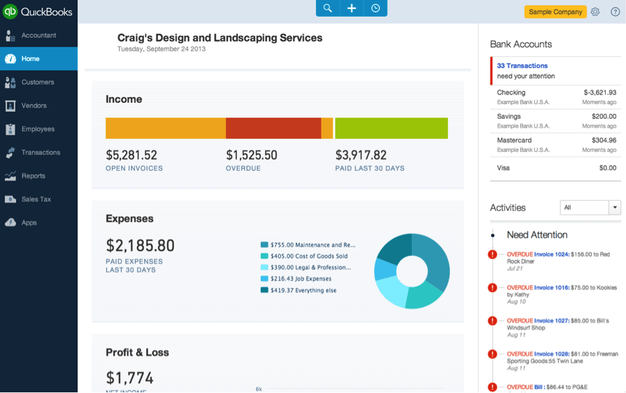 QuickBooks desktop dashboard