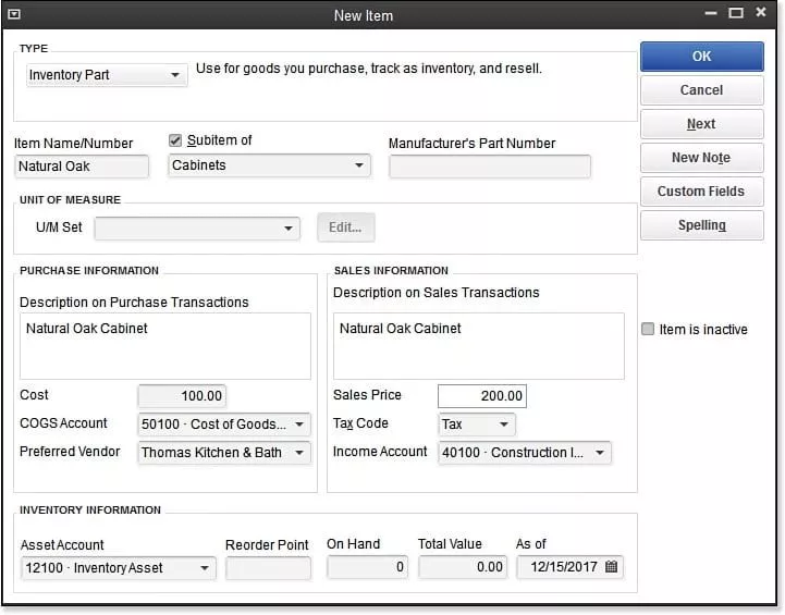 QuickBooks Inventory items