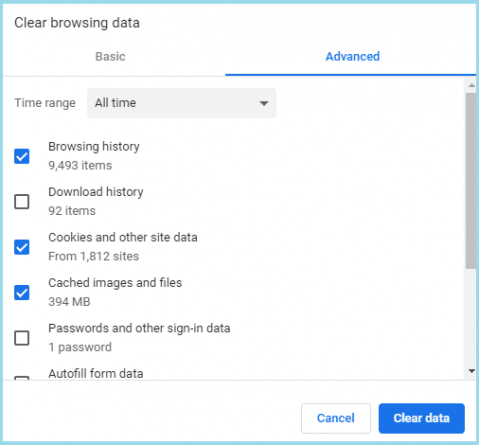 Clear all history and cache data